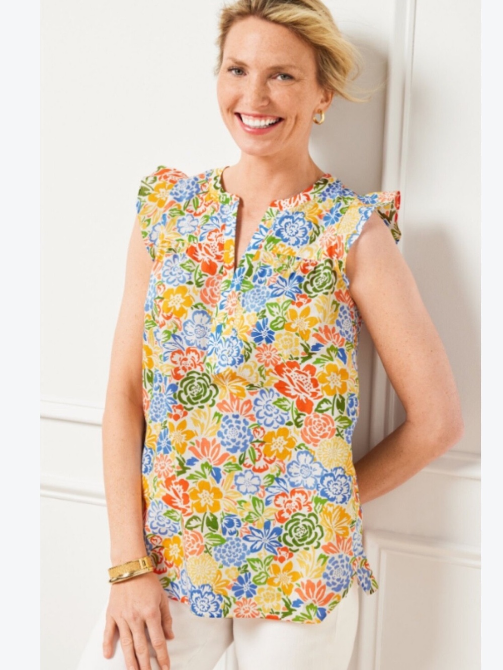 Talbots Yellow Multi Floral Flutter-Sleeve Cotton Camisole
